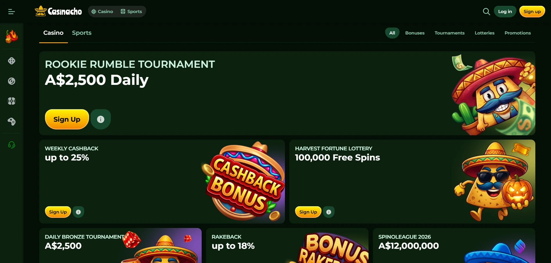 Casinacho bonus hub with the Rookie Rumble Tournament, Weekly Cashback, Harvest Fortune Lottery, Daily Bronze Tournament, Rakeback and Spinoleague 2026 tiles