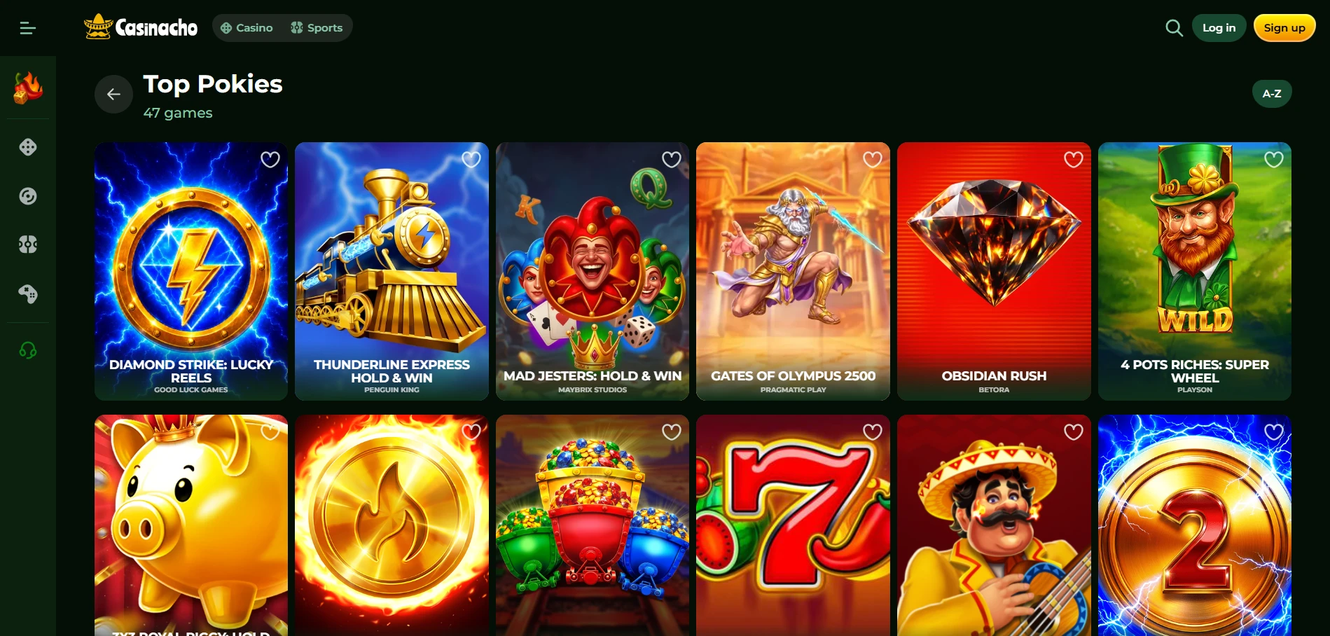 Casinacho Top Pokies lobby showing 47 games and a first row of six game tiles from several studios