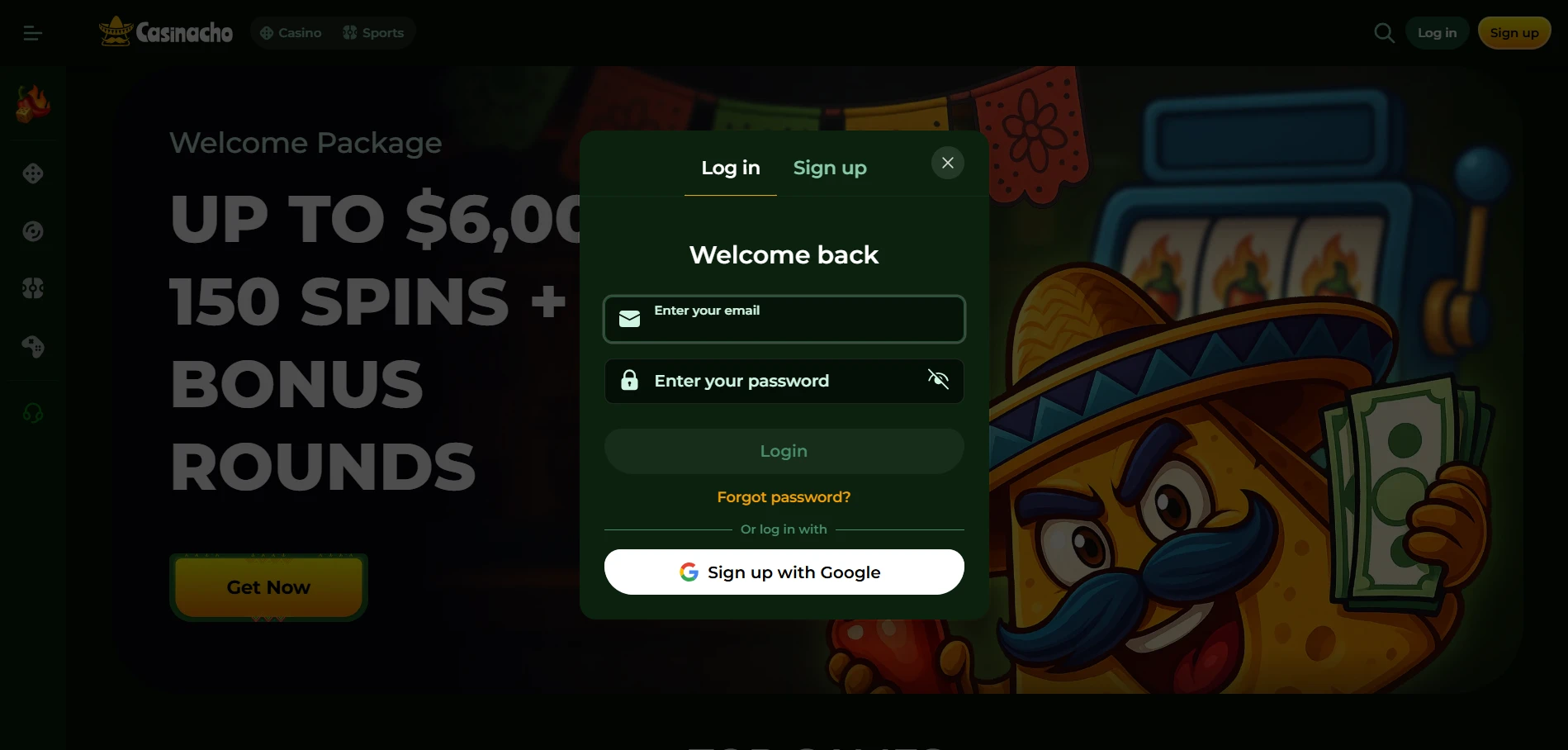 Casinacho login window titled Welcome back with email and password fields, a Login button, Forgot password link and a Google button