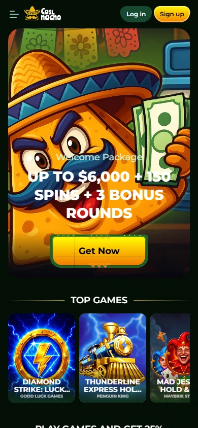Casinacho mobile layout with the burger menu, Log in and Sign up buttons, Welcome Package banner and Top Games row