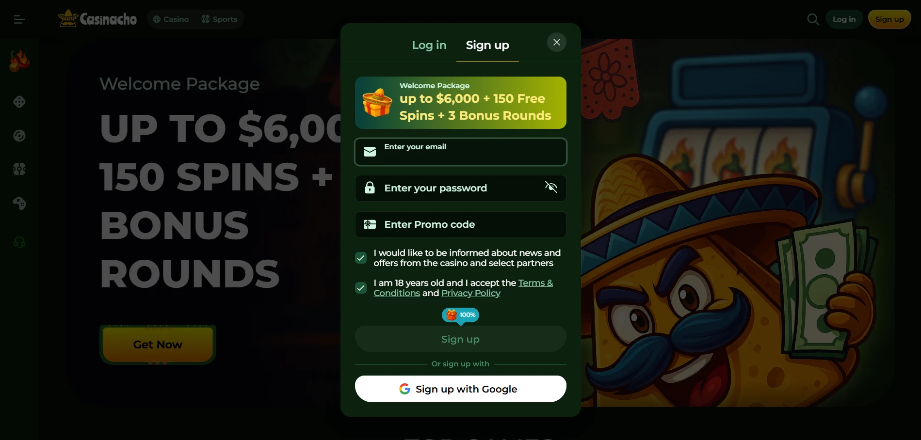 Casinacho sign-up window with email, password and promo code fields